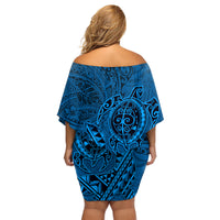 Hawaii Monk Seal and Dolphin Family Matching Off Shoulder Short Dress and Hawaiian Shirt Polynesian Kakau Pattern Blue