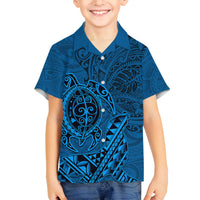 Hawaii Monk Seal and Dolphin Family Matching Off Shoulder Short Dress and Hawaiian Shirt Polynesian Kakau Pattern Blue