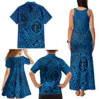 Hawaii Monk Seal and Dolphin Family Matching Tank Maxi Dress and Hawaiian Shirt Polynesian Kakau Pattern Blue