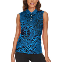 Hawaii Monk Seal and Dolphin Women Sleeveless Polo Shirt Polynesian Kakau Pattern Blue