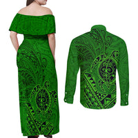 Hawaii Monk Seal and Dolphin Couples Matching Off Shoulder Maxi Dress and Long Sleeve Button Shirt Polynesian Kakau Pattern Green