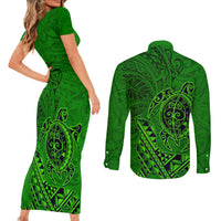 Hawaii Monk Seal and Dolphin Couples Matching Short Sleeve Bodycon Dress and Long Sleeve Button Shirt Polynesian Kakau Pattern Green