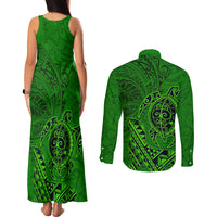 Hawaii Monk Seal and Dolphin Couples Matching Tank Maxi Dress and Long Sleeve Button Shirt Polynesian Kakau Pattern Green