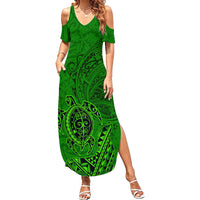 Hawaii Monk Seal and Dolphin Family Matching Summer Maxi Dress and Hawaiian Shirt Polynesian Kakau Pattern Green