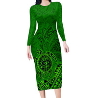 Hawaii Monk Seal and Dolphin Long Sleeve Bodycon Dress Polynesian Kakau Pattern Green