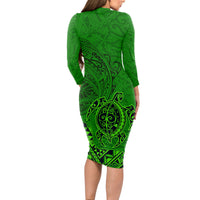 Hawaii Monk Seal and Dolphin Long Sleeve Bodycon Dress Polynesian Kakau Pattern Green
