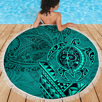 Hawaii Monk Seal and Dolphin Beach Blanket Polynesian Kakau Pattern Turquoise