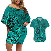 Hawaii Monk Seal and Dolphin Couples Matching Off Shoulder Short Dress and Hawaiian Shirt Polynesian Kakau Pattern Turquoise