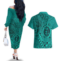 Hawaii Monk Seal and Dolphin Couples Matching Off The Shoulder Long Sleeve Dress and Hawaiian Shirt Polynesian Kakau Pattern Turquoise