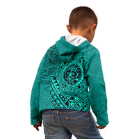 Hawaii Monk Seal and Dolphin Kid Hoodie Polynesian Kakau Pattern Turquoise