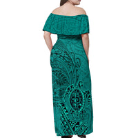 Hawaii Monk Seal and Dolphin Off Shoulder Maxi Dress Polynesian Kakau Pattern Turquoise