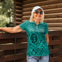 Hawaii Monk Seal and Dolphin Women Polo Shirt Polynesian Kakau Pattern Turquoise