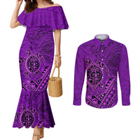 Hawaii Monk Seal and Dolphin Couples Matching Mermaid Dress and Long Sleeve Button Shirt Polynesian Kakau Pattern Purple LT03 Purple - Polynesian Pride