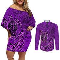 Hawaii Monk Seal and Dolphin Couples Matching Off Shoulder Short Dress and Long Sleeve Button Shirt Polynesian Kakau Pattern Purple