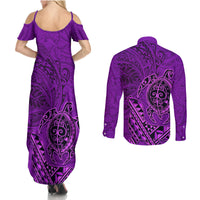 Hawaii Monk Seal and Dolphin Couples Matching Summer Maxi Dress and Long Sleeve Button Shirt Polynesian Kakau Pattern Purple