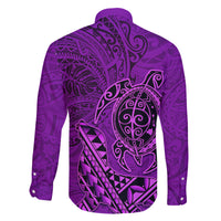 Hawaii Monk Seal and Dolphin Family Matching Long Sleeve Bodycon Dress and Hawaiian Shirt Polynesian Kakau Pattern Purple