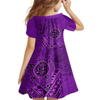 Hawaii Monk Seal and Dolphin Kid Short Sleeve Dress Polynesian Kakau Pattern Purple