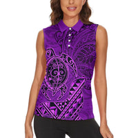 Hawaii Monk Seal and Dolphin Women Sleeveless Polo Shirt Polynesian Kakau Pattern Purple