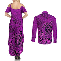 Hawaii Monk Seal and Dolphin Couples Matching Summer Maxi Dress and Long Sleeve Button Shirt Polynesian Kakau Pattern Pink