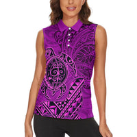Hawaii Monk Seal and Dolphin Women Sleeveless Polo Shirt Polynesian Kakau Pattern Pink