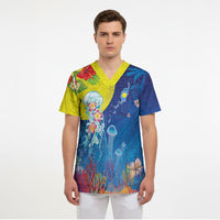 Palau Scrub Top Jellyfish with Coral Reefs Ocean Vibe and Tapa Pattern LT03 - Polynesian Pride