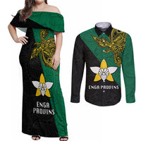Papua New Guinea Enga Province Couples Matching Off Shoulder Maxi Dress and Long Sleeve Button Shirts PNG Birds Of Paradise Polynesian Arty Style LT03 Green - Polynesian Pride