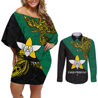 Papua New Guinea Enga Province Couples Matching Off Shoulder Short Dress and Long Sleeve Button Shirts PNG Birds Of Paradise Polynesian Arty Style LT03 Green - Polynesian Pride