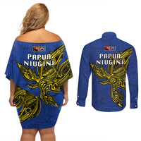 Papua New Guinea Gulf Province Couples Matching Off Shoulder Short Dress and Long Sleeve Button Shirts PNG Birds Of Paradise Polynesian Arty Style LT03 - Polynesian Pride