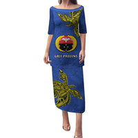 Custom Papua New Guinea Gulf Province Puletasi PNG Birds Of Paradise Polynesian Arty Style LT03 Long Dress Blue - Polynesian Pride