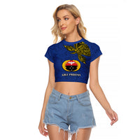 Custom Papua New Guinea Gulf Province Raglan Cropped T Shirt PNG Birds Of Paradise Polynesian Arty Style LT03 Female Blue - Polynesian Pride