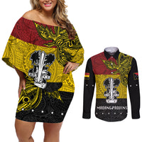 Papua New Guinea Madang Province Couples Matching Off Shoulder Short Dress and Long Sleeve Button Shirts PNG Birds Of Paradise Polynesian Arty Style LT03 Yellow - Polynesian Pride