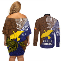 Papua New Guinea Manus Province Couples Matching Off Shoulder Short Dress and Long Sleeve Button Shirts PNG Birds Of Paradise Polynesian Arty Style LT03 - Polynesian Pride