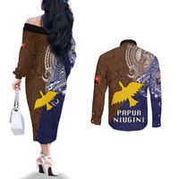 Papua New Guinea Manus Province Couples Matching Off The Shoulder Long Sleeve Dress and Long Sleeve Button Shirts PNG Birds Of Paradise Polynesian Arty Style LT03 - Polynesian Pride