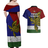 Papua New Guinea Milne Bay Province Couples Matching Off Shoulder Maxi Dress and Hawaiian Shirt PNG Birds Of Paradise Polynesian Arty Style LT03 - Polynesian Pride