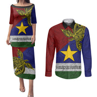Papua New Guinea Milne Bay Province Couples Matching Puletasi Dress and Long Sleeve Button Shirts PNG Birds Of Paradise Polynesian Arty Style LT03 Blue - Polynesian Pride