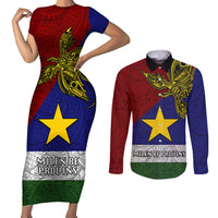 Papua New Guinea Milne Bay Province Couples Matching Short Sleeve Bodycon Dress and Long Sleeve Button Shirts PNG Birds Of Paradise Polynesian Arty Style LT03 Blue - Polynesian Pride