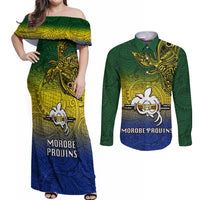 Papua New Guinea Morobe Province Couples Matching Off Shoulder Maxi Dress and Long Sleeve Button Shirts PNG Birds Of Paradise Polynesian Arty Style LT03 Yellow - Polynesian Pride