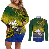 Custom Papua New Guinea Morobe Province Couples Matching Off Shoulder Short Dress and Long Sleeve Button Shirts PNG Birds Of Paradise Polynesian Arty Style LT03 Yellow - Polynesian Pride