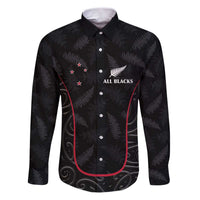Custom New Zealand Rugby Family Matching Puletasi and Hawaiian Shirt Maori All Black Championship 2024 and Silver Fern LT03 Dad's Shirt - Long Sleeve Black - Polynesian Pride