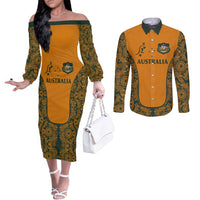 Custom Australia Rugby Championship 2024 Couples Matching Off The Shoulder Long Sleeve Dress and Long Sleeve Button Shirt Aboriginal Art Tattoo Pattern
