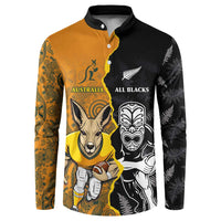 Custom New Zealand and Australia Rugby Championship 2024 Button Sweatshirt Maori Warrior and Kangaroo Mascot with Fern Aboriginal LT03 Black - Polynesian Pride