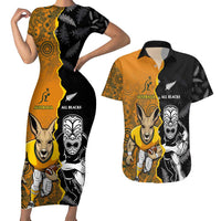 Custom New Zealand and Australia Rugby Championship 2024 Couples Matching Short Sleeve Bodycon Dress and Hawaiian Shirt Maori Warrior and Kangaroo Mascot with Fern Aboriginal
