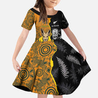 Custom New Zealand and Australia Rugby Championship 2024 Family Matching Mermaid Dress and Hawaiian Shirt Maori Warrior and Kangaroo Mascot with Fern Aboriginal LT03 Daughter's Dress Black - Polynesian Pride