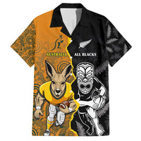 Custom New Zealand and Australia Rugby Championship 2024 Family Matching Off Shoulder Maxi Dress and Hawaiian Shirt Maori Warrior and Kangaroo Mascot with Fern Aboriginal LT03 Dad's Shirt - Short Sleeve Black - Polynesian Pride