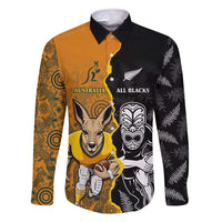 Custom New Zealand and Australia Rugby Championship 2024 Family Matching Off Shoulder Maxi Dress and Hawaiian Shirt Maori Warrior and Kangaroo Mascot with Fern Aboriginal LT03 Dad's Shirt - Long Sleeve Black - Polynesian Pride