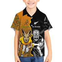 Custom New Zealand and Australia Rugby Championship 2024 Family Matching Puletasi and Hawaiian Shirt Maori Warrior and Kangaroo Mascot with Fern Aboriginal LT03 Son's Shirt Black - Polynesian Pride