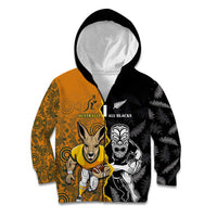 Custom New Zealand and Australia Rugby Championship 2024 Kid Hoodie Maori Warrior and Kangaroo Mascot with Fern Aboriginal