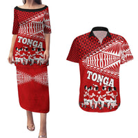 Personalised Tonga Rugby Couples Matching Puletasi Dress and Hawaiian Shirt Sipi Tau Dance Ngatu Pattern LT03 Red - Polynesian Pride