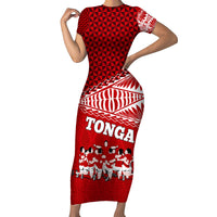 Personalised Tonga Rugby Short Sleeve Bodycon Dress Sipi Tau Dance Ngatu Pattern LT03 Long Dress Red - Polynesian Pride