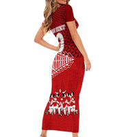 Personalised Tonga Rugby Short Sleeve Bodycon Dress Sipi Tau Dance Ngatu Pattern LT03 - Polynesian Pride